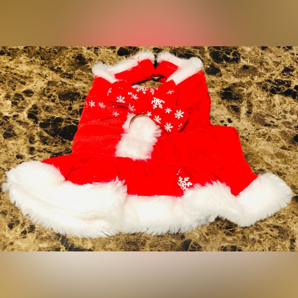 Mrs Claus dress Festive Red Pet Dress with White faux fur & snowflakes adorable